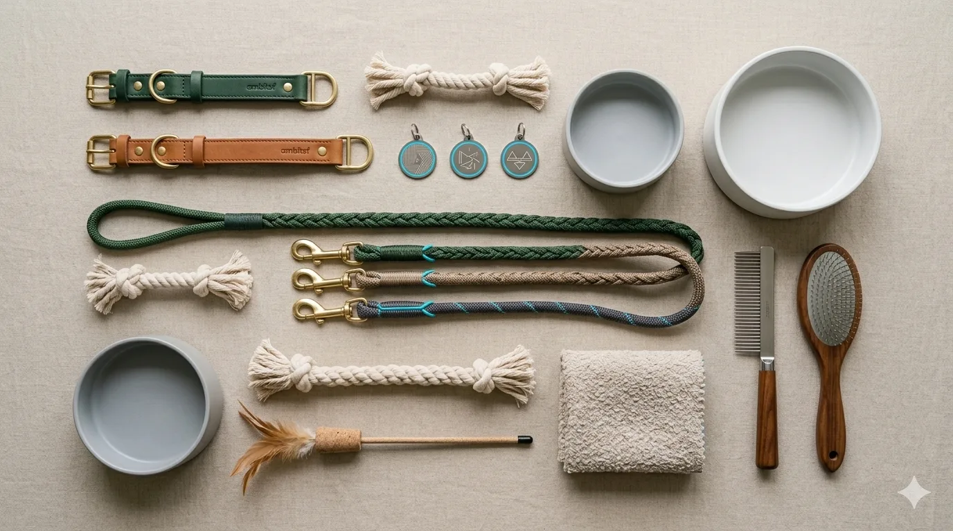 Premium pet accessories: collars, leashes, bowls, grooming tools