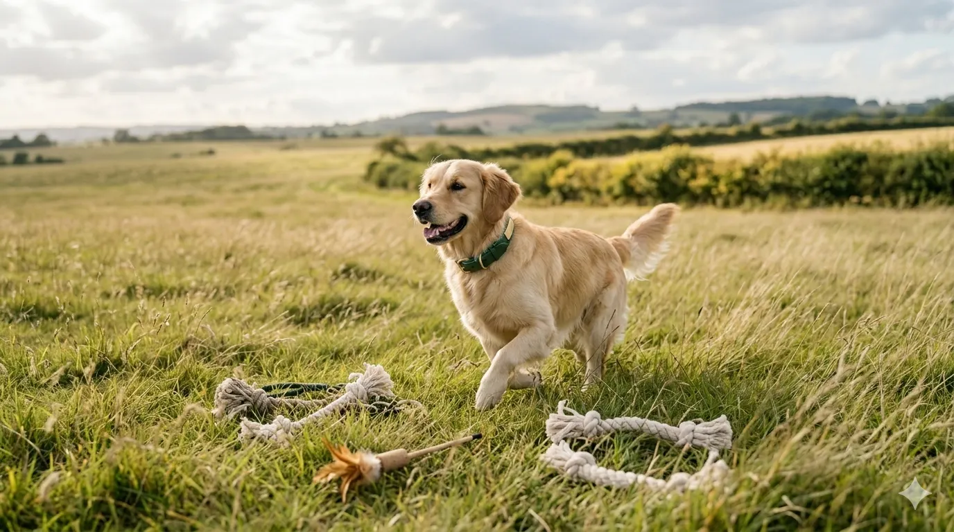 Happy golden retriever relaxing on a furmood premium dog bed