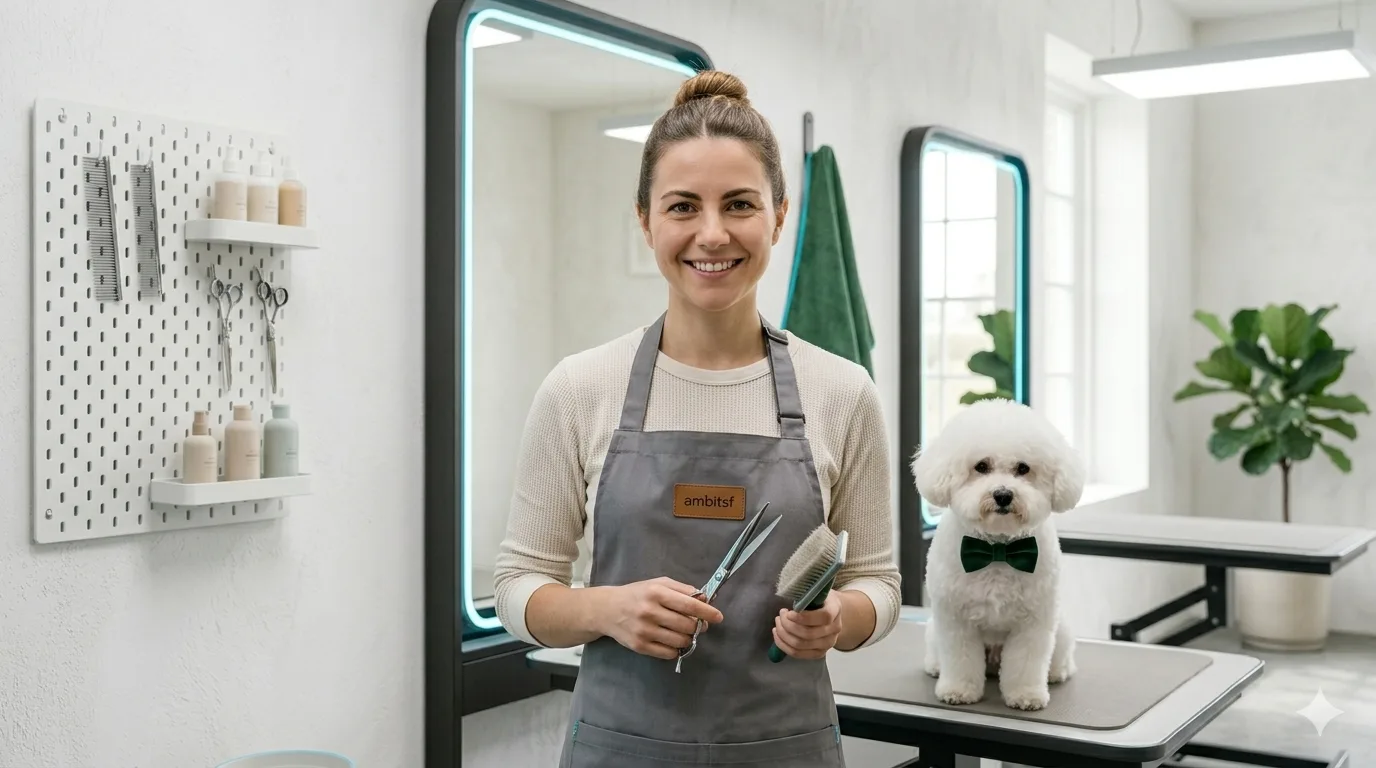 furmood professional groomer with a bichon in the salon